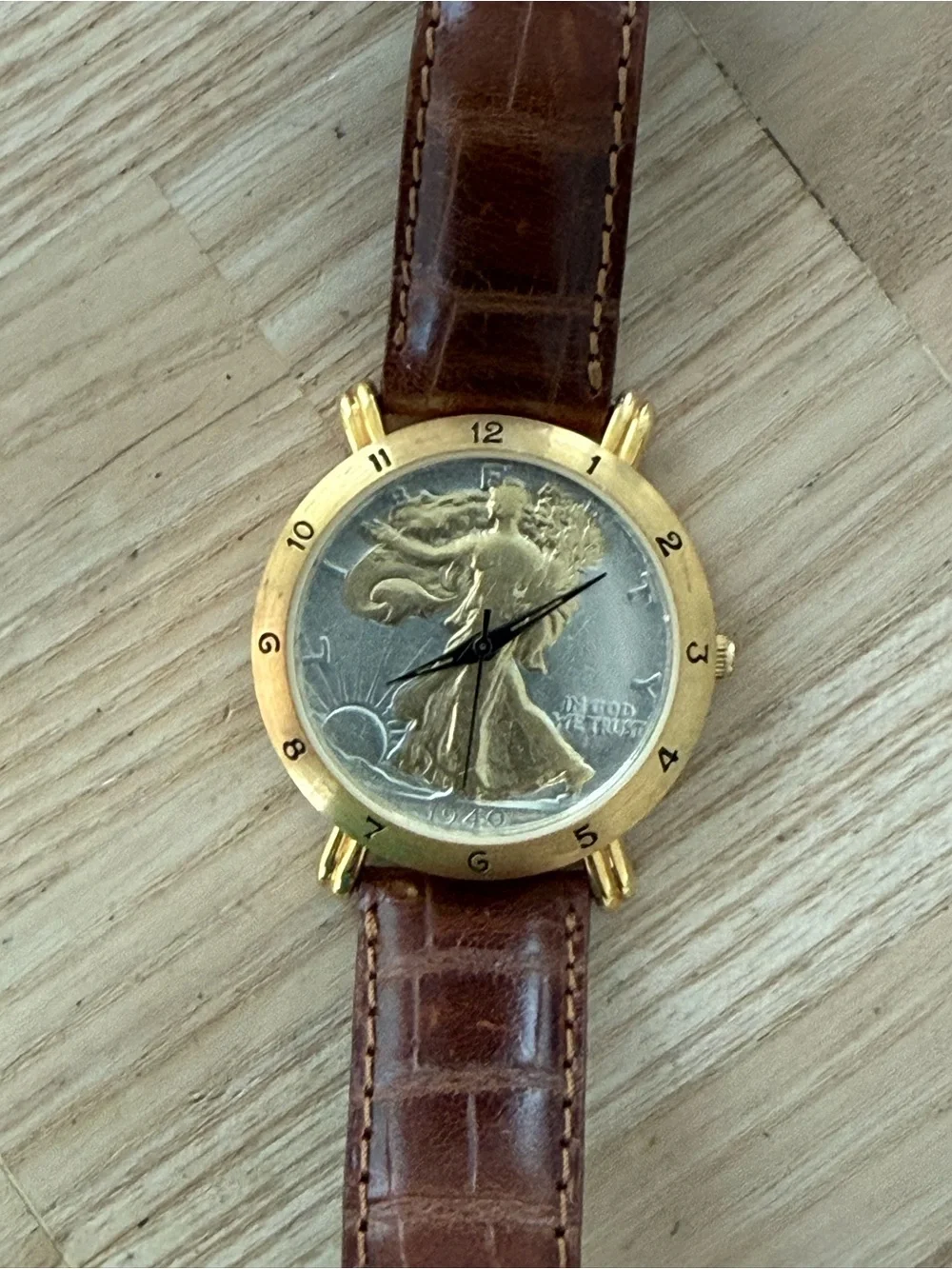 Brittania 1940 Walking Liberty Coin Watch Two-Tone Dial Gold Case Leather Strap